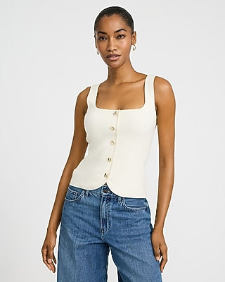 Express Women's Cotton Square Neck Novelty Button Tailored Sweater Vest in White Small