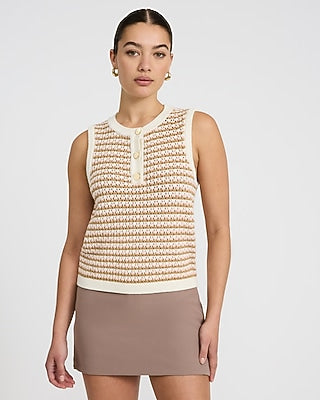 Express Women's Cotton Tipped Crew Neck Novelty Button Sweater Tank Top in White Small