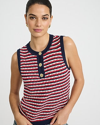 Express Women's Cotton Tipped Crew Neck Novelty Button Sweater Tank Top in Blue Small
