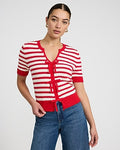 Express Women's Cotton Striped Notch Neck Bow Front Short Sleeve Sweater in Red Small