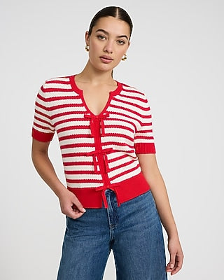Express Women's Cotton Striped Notch Neck Bow Front Short Sleeve Sweater in Red Small
