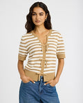 Express Women's Cotton Striped Notch Neck Bow Front Short Sleeve Sweater in Brown Small