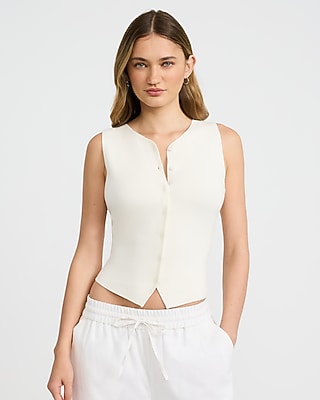 Express Women's Fitted Ribbed V-Neck Button Front Sweater Vest in White Small