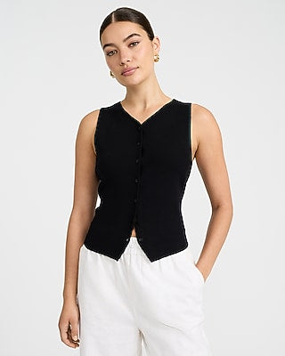 Express Women's Fitted Ribbed V-Neck Button Front Sweater Vest in Black Small