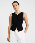 Express Women's Fitted Ribbed V-Neck Button Front Sweater Vest in Pitch Black