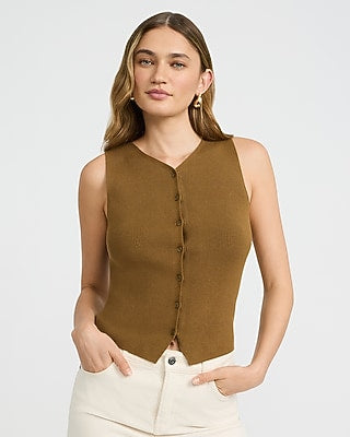 Express Women's Fitted Ribbed V-Neck Button Front Sweater Vest in Brown Small
