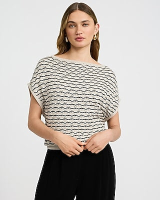 Express Women's Striped Boat Neck Short Sleeve Dolman Sweater in Warm Ivory