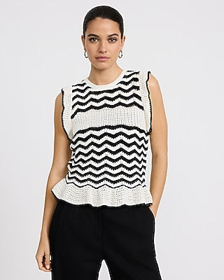 Express Women's Cotton Chevron Tipped Crew Neck Ruffle Trim Sweater in Ivory