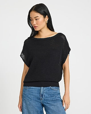 Express Women's Cotton Open Stitch Boat Neck Dolman Sweater in Pitch Black