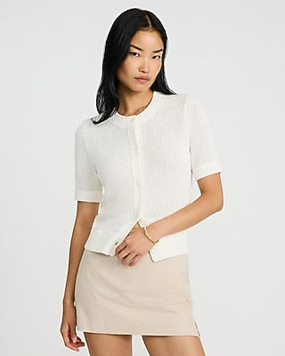 Express Women's Textured Short Sleeve Button Front Cardigan in White Small