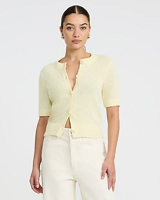 Express Women's Textured Short Sleeve Button Front Cardigan in Yellow Small