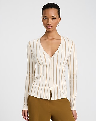 Express Women's Striped Fitted Ribbed V-Neck Cardigan in Ivory