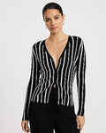 Express Women's Striped Fitted Ribbed V-Neck Cardigan in Black Small
