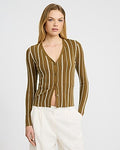 Express Women's Striped Fitted Ribbed V-Neck Cardigan in Brown Small