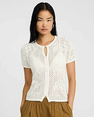 Express Women's Cotton Open Stitch Crew Neck Keyhole Button Front Top in Ivory