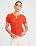 Express Women's Cotton Open Stitch Crew Neck Keyhole Button Front Top in Orange Small