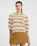 Express Women's Cotton Striped Open Stitch Crochet Puff Sleeve Sweater in Ivory Stripe