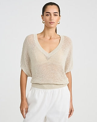 Express Women's Sheer Textured Slub V-Neck Dolman Sleeve Sweater in White Small