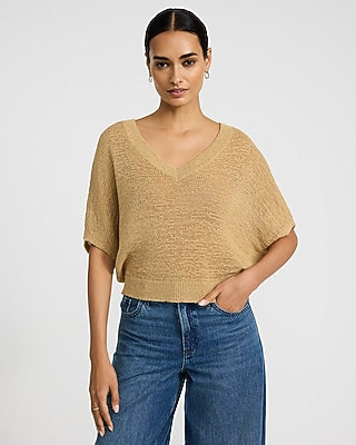 Express Women's Sheer Textured Slub V-Neck Dolman Sleeve Sweater in Brown Small