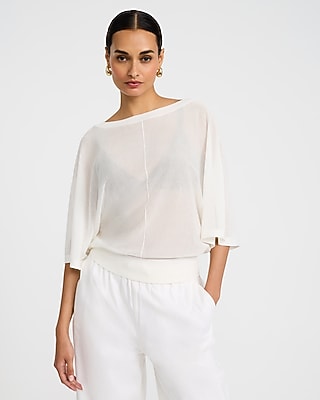 Express Women's Sheer Boat Neck Dolman Sleeve Banded Sweater in White Small