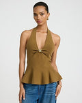 Express Women's Halter V-Neck Novelty Hardware Peplum Sweater Tank Top in Brown Small