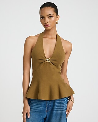 Express Women's Halter V-Neck Novelty Hardware Peplum Sweater Tank Top in Brown Small