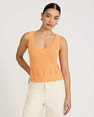 Express Women's Cotton Pointelle Scoop Neck Scalloped Sweater Tank Top in Orange Small