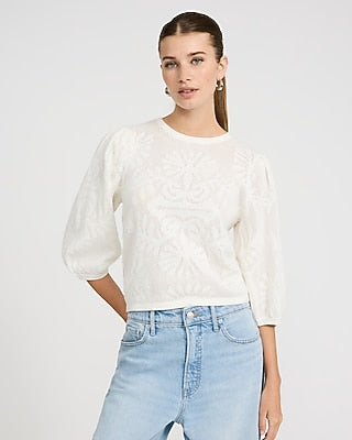 Express Women's Cotton Floral Puff Sleeve Sweater in Ivory