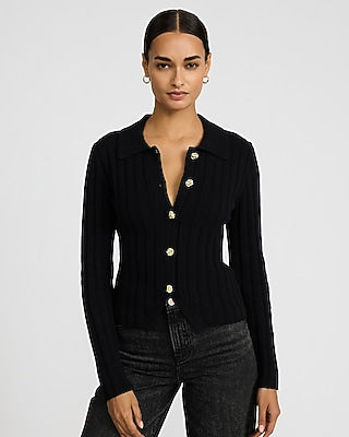 Express Women's Fitted Novelty Button Ribbed Cutaway Hem Cardigan in Black Small