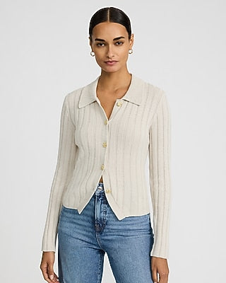 Express Women's Fitted Novelty Button Ribbed Cutaway Hem Cardigan in White Small