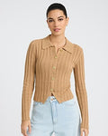 Express Women's Fitted Novelty Button Ribbed Cutaway Hem Cardigan in Brown Small
