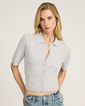 Express Women's Skimming Short Sleeve Button Down Collared Sweater in Silver Heather Gray