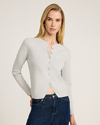 Express Women's Airy Soft Fitted Ribbed Novelty Button Cutaway Cardigan in Silver Heather Gray