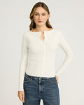 Express Women's Fitted Ribbed Boat Neck Cardigan in White Small