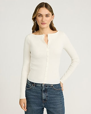 Express Women's Fitted Ribbed Boat Neck Cardigan in White Small