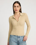 Express Women's Fitted Ribbed Long Sleeve Sweater Polo in Brown Small