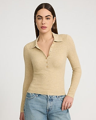 Express Women's Fitted Ribbed Long Sleeve Sweater Polo in Tan