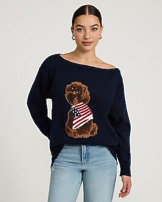 Express Women's American Flag Dog Off The Shoulder Sweater in Blue Small