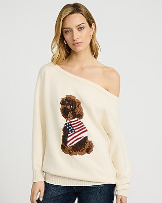 Express Women's American Flag Dog Off The Shoulder Sweater in Neutral Small