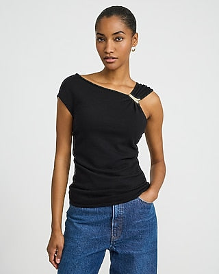 Express Women's Asymmetrical Gold Hardware Ruched Sweater Tank Top in Pitch Black