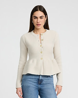 Express Women's Crew Neck Novelty Button Peplum Cardigan in Warm Ivory