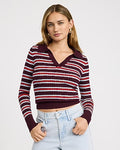 Express Women's Striped Johnny Collar Long Sleeve Fitted Sweater Polo in Blue Small