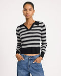 Express Women's Striped Johnny Collar Long Sleeve Fitted Sweater Polo in White Small