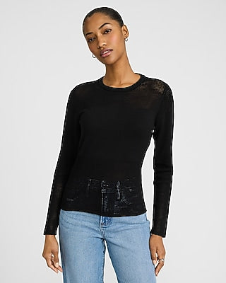 Express Women's Pointelle Paneled Crew Neck Sweater in Black Small