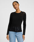 Express Women's Pointelle Paneled Crew Neck Sweater in Pitch Black