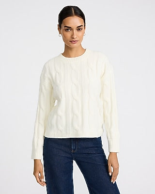 Express Women's Cable Knit Crew Neck Sweater in Ivory