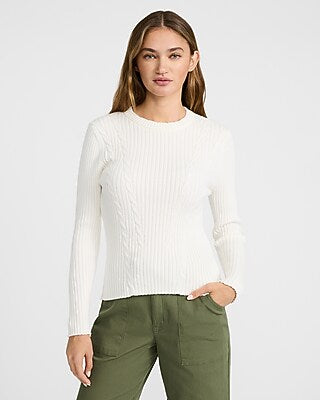 Express Women's Fitted Cable Knit Crew Neck Sweater in Ivory