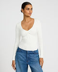 Express Women's Ribbed V-Neck Twist Front Sweater in Ivory