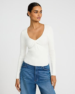 Express Women's Ribbed V-Neck Twist Front Sweater in Ivory