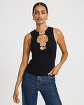 Express Women's Ribbed Crew Neck Gold Hardware Cutout Sweater Tank Top in Black Small